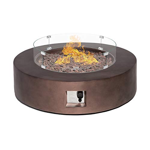 SUNBURY Outdoor Propane Burning Fire Pit, Circular Dark Brown Patio Fire Table 50,000 BTU w Lava Rocks, Glass Wind Guard, Waterproof Cover