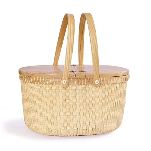 ZYBB Picnic Baskets Rattan Handle Basket Double Handle Fruit Basket Kitchen Vegetables Eggs Woven Storage Basket 38X28x22cm