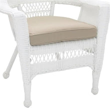 Pemberly Row Wicker Rattan Outdoor Chairs with Cushions, 36" H x 28.5" W x 27.5" D, Set of 2, White and Tan Finish, All-Weather Resin, Steel Frame, Stackable Design for Patio, Poolside or Garden Use