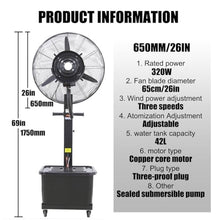 JDXQBLD Outdoor Misting Fan for Patio Cooling, 26" Oscillating Spray Fan, 11 Gallon Tank, 3 Adjustable Speeds, Floor Fan for Large Spaces，650mm/26