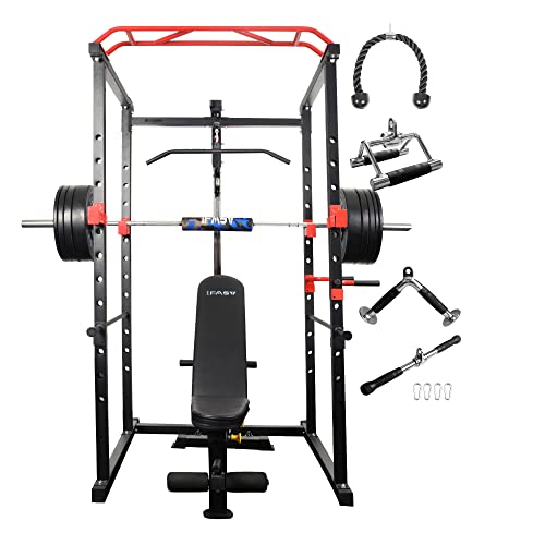 IFAST Power Cage LAT Pull Down System Full Body Workout Equipment with 230lbs Weight Plates and 7FT Barbell