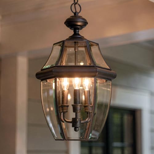Urban Ambiance Luxury Colonial Outdoor Pendant Light, Large Size: 21" H x 12.5" W, with Tudor Style Elements, Versatile Design, High-End Black Silk Finish and Beveled Glass, UQL1159