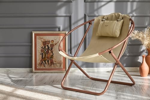 Mern Living Leather Folding Chair - Luxury Papasan Chair, Sling Accent Chair, Round Saucer Chair for Patio, Garden, Beach, Living Rooms and Bedrooms, Modern Furniture (Faux Leather, Beige)