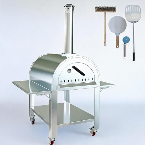 Outdoor Pizza Oven – Stainless Steel Dual Fuel Wood & Charcoal Pizza Maker, 2-Layer Vertical Kiln-Style Grill with 4 Wheels, Portable High Heat Pizza Cooker for Backyard Patio Camping