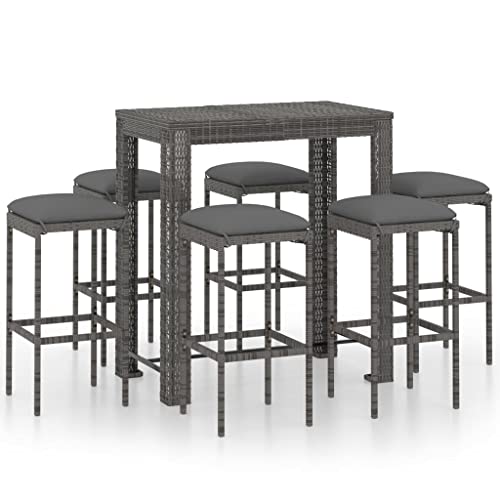 GPWERSDF 7 Piece Patio Bar Set with Cushions Poly Rattan Gray