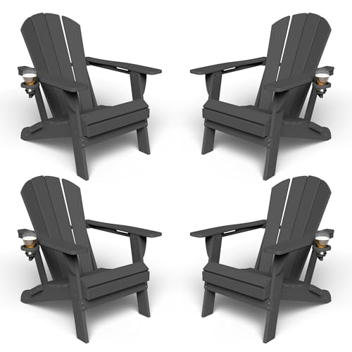 Kingdura Foldable Adirondack Chair, Portable HDPE All Weather Resistant Outdoor Patio Chair, Wooden Textured with Cup Holder, 380LBS Capacity for Poolside, Backyard, Deck, Fire Pit (Black)