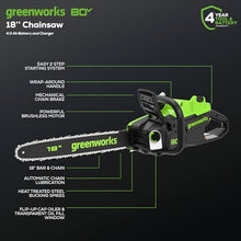 Greenworks 80V 18 in Cordless Electric Chainsaw, 4.0 Ah Battery and Charger