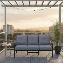 callmego Sturdy All-Weather Outdoor Loveseat with Comfortable Cushioned Seating and Durable Metal Frame for Patio or Deck Use (Gray+ Khaki + Polyester-1)