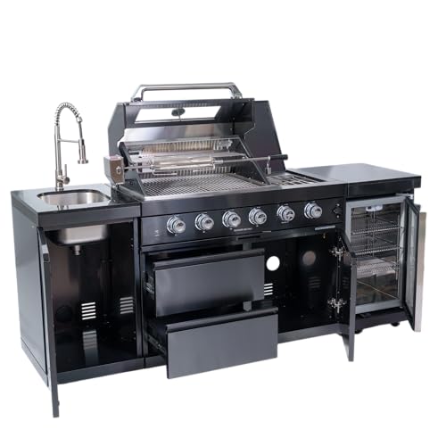 85" Outdoor Kitchen BBQ Island with 4-Burner 72,000 BTU Stainless Steel Gas Grill, Wine Cooler, Compact Refrigerator,Rotisserie, Granite Countertop & Storage Cabinets,Black