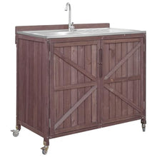 YATON Outdoor Grill Cart with 304 Stainless Steel Sink & Faucet, 40" Rolling BBQ Prep Table with Storage Cabinet & Locking Wheels, Wooden Outdoor Kitchen Island for Patio Backyard,Brown