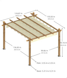GarveeLife 10 x 13 ft Wood-Grain Aluminum Pergola Outdoor Pergola with Retractable Canopy Sun Shade Shelter for Garden, Patio, Backyard, Deck - Beige