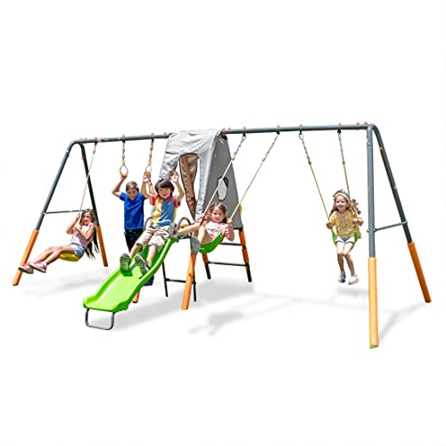 Jungle Warrior Jaguar Metal Swing Set with Slide & Gymnastic Rings Orange/Green/Grey