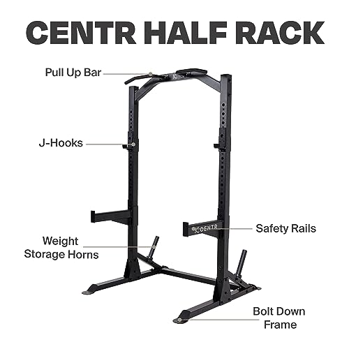 CENTR Half Rack - 7 Gauge Steel Squat Rack with J-Hooks, Pull Up Bar & Weight Storage - Matte Black