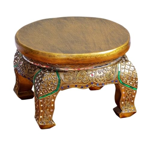 LHHAIUA Ottoman for Bedroom Dorm Hand-Carved Thai Solid Wood Footstool Decorative Shoe Bench Plant Stand Under Desk Footrest(43cm)