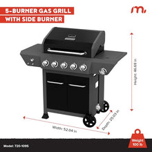 Megamaster Propane 5-Burner Gas Grill, Side Table wiht Warming Rack & Hook