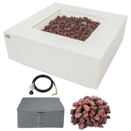 AMS 40" Square Concrete GFRC Natural Gas Fire Pit Table (Cream White)