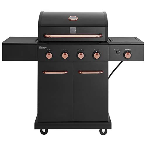 Kenmore 4-Burner BBQ Gas Grill with Searing Side Burner, Propane Grill, 52,000 BTUs, Warming Rack, Electronic Ignition & Cast Iron Cooking Grates, Black/Copper