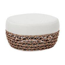 Willow 25" Round Upholstered Woven Patio Ottoman, Golden Brown Wicker Frame, Wheat Beige