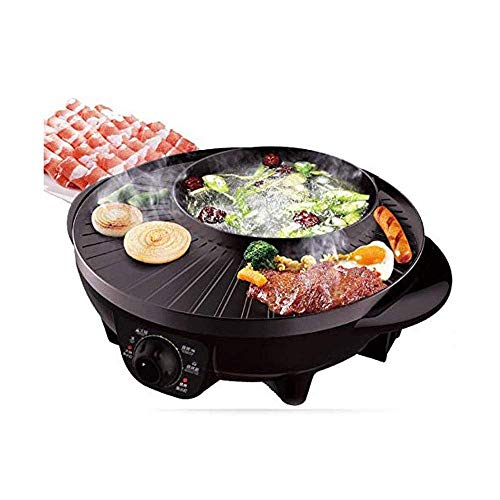 WANGKENSU Barbecue Grill Smokeless Hot Pot Cooker 2 in 1 BBQ Frying Cook Grill Oven Non Stick Plate Barbecue for Home Party Picnic Skillet Maker 5-6 Person Use