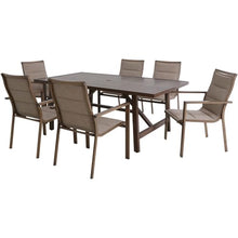 Hanover Fairhope 7-Piece Outdoor Dining Set with 6 Padded Sling Chairs and Trestle Table Tan
