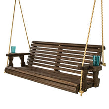 Amish Casual Heavy Duty 700 Lb Capacity Porch Swing with Cup Holders (5 Foot, Dark Wlanut Stain) – Wooden Outdoor Roll Back Swing with Hanging Ropes – Amish Made in the USA