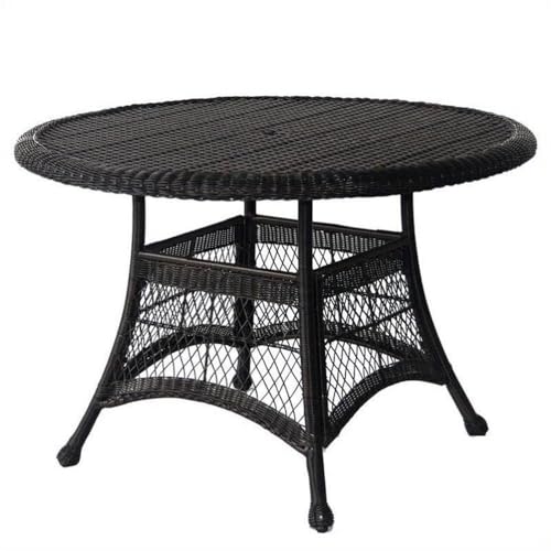 Pemberly Row 44" Round Wicker Patio Dining Table, Black Finish, All-Weather Resin Wicker, Durable Steel Frame, Outdoor Table for Deck, Patio, or Poolside