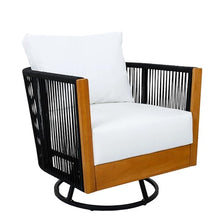 Christopher Knight Home Gunar Outdoor Acacia Wood Swivel Club Chair Set of 2 with Removable Cushion, 360° Swivel Accent Chair with Metal Frame+Handwoven Rope, Rotating Armchair, Natural+Black+Beige