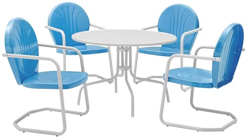 Pemberly Row 5 Piece Metal Patio Dining Set, Powder-Coated Steel, UV Resistant, Blue Finish, Includes Square Table and 4 Armchairs, Durable Outdoor Furniture for Patio or Garden