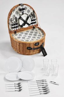 4-Person Handwoven Wicker Picnic Basket Set with Tree Pattern, Includes Plates, Glasses, Cutlery, Napkins, and Water-Resistant Blanket - Oval Shape - Kahve rengi ve Beyaz