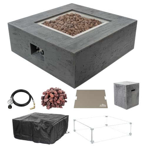 AMS 36" Concrete Square Propane Gas Fire Pit Table with Tank Cover (Pweter)