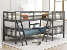 P PURLOVE L-Shaped Twin Over Twin Bunk Bed Wood Frame Grey
