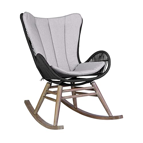 Armen Living Fanny Outdoor Patio Rocking Chair in Light Eucalyptus Wood and Charcoal Rope