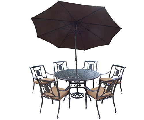 Oakland Living Victoria 9-Piece Patio Set with 54-Inch Table, 6 Cushioned Chairs & Umbrella Aged