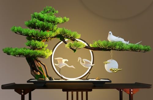 Artificial Bonsai Tree with Lamp Ring, Realistic Bonsai Green Plant Zen Garden, Chinese Welcome Pine Bonsai Ornaments for Home Office Decoration Desktop Display,B2