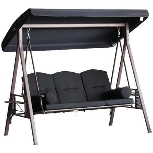 EPOFIT 3 Seat Outdoor Patio Swing, Outdoor Swing with Canopy, Porch Swing with Stand, Removable Cushion, Pillows and Cup Holder for Porch, Patio, Garden, Poolside, Black