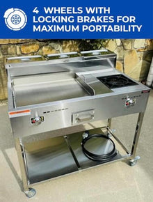 Burner Stove and Flat Top Griddle Cart | Mobile Cooking Food Cart | 20” Stainless Steel Griddle | 30,000 BTU Cast Iron Burner Stove | Outdoor Propane | Portable 4 Wheel | Commercial & Home Use