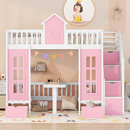Harper & Bright Designs Twin Size Loft Bed with Stairs and Desk Pink