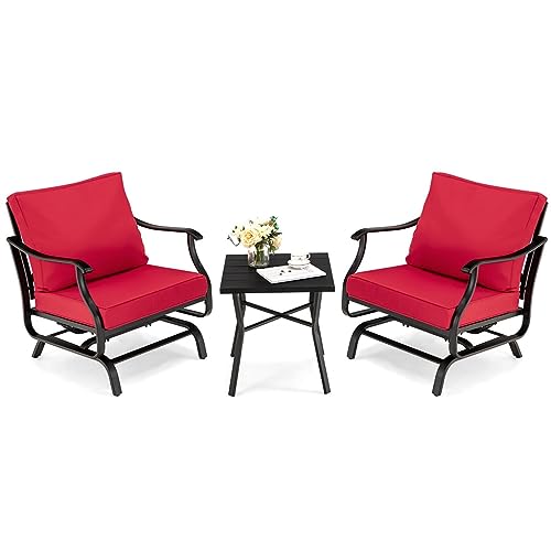 YWMLFZ 3PCS Patio Rocking Bistro Set Cushioned Chair Armrest Side Table Red