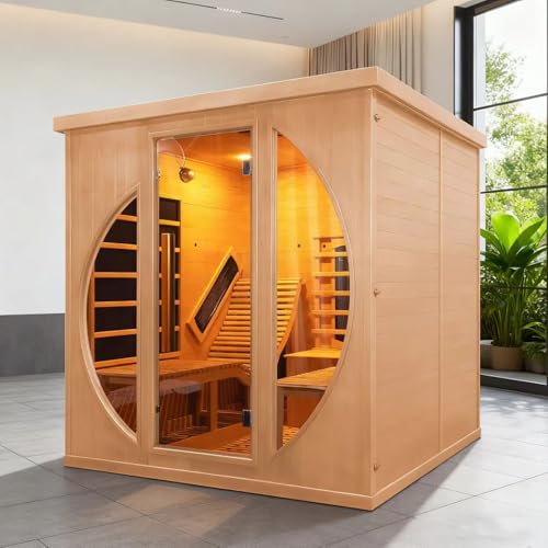 TaTalife Infrared 2 Person Wooden Sauna Room, Luxurious Sauna with Recliner, 3400W Dry Heat Sauna for Home, 9 Heating Panels, Bluetooth Speaker, 7Color Lights, Oxygen Bar, 220V(Canadian Hemlock)