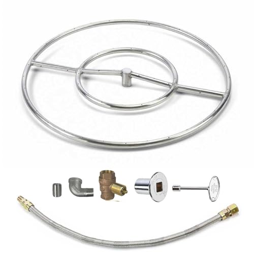 Spotix HPC Round Match Lit Fire Pit Burner Kit (FPS24HCKIT-NG-MSCB) with 24-Inch Stainless Steel Burner, Natural Gas, Polished Chrome, with Flange, Key, Valve, Flex Line and Fittings