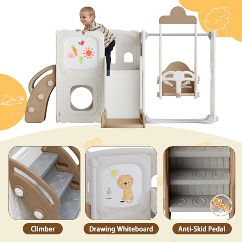 CUAUC 5-in-1 Toddler Slide and Swing Set with Drawing Whiteboard Coffee
