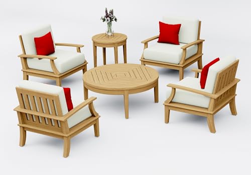 WholesaleTeakFurniture Somer 6 Piece Teak Wood Lounge Chair Set: 4 Lounge Chairs, Round Coffee Table & Round Side Table with Cushions in Outdoor Sunbrella Fabric #5404 Canvas Natural