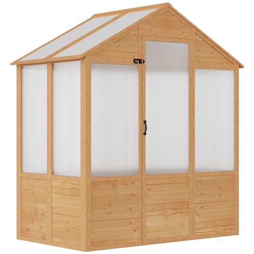 Outsunny 6' x 4' x 7' Polycarbonate Greenhouse Walk-in Kit with Lockable Door Natural Wood