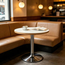 JOSOGO Bistro Table, White Top with Wood Edge, Sturdy Metal Pedestal Base, Multipurpose Small Dining Table for Kitchen, Cafe Balcony(A,60cm)