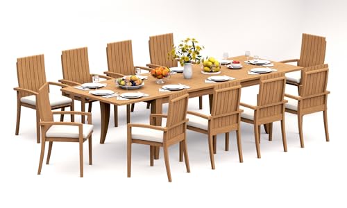 TeakStation 10 Seater Grade-A Teak Wood 11 Pc Dining Set: 122" Atnas Double Extension Rectangle Table and 10 Goa Stackng Arm Chairs #31GO2810