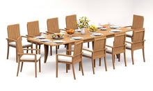TeakStation 10 Seater Grade-A Teak Wood 11 Pc Dining Set: 122" Atnas Double Extension Rectangle Table and 10 Goa Stackng Arm Chairs #31GO2810
