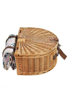 Handmade Wicker Picnic Basket Set for 4 People with Insulated Compartment, Leaf Pattern, Oval Shape 19 x 14.2 x 8.3 inches - Brown and Pink