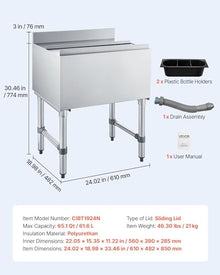VEVOR Commercial Ice Bin, 65.1 Qt Max Capacity, 24 x 19 x 33 Inch Stainless Steel Ice Chest with Sliding Lid and Bottle Holders, Cooler Cart Cocktail Unit for Bar Restaurant Pub, NSF Certified