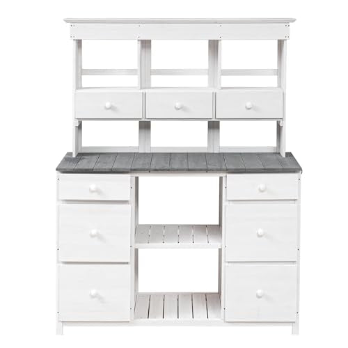 LEJUNMEISS Outdoor Gardening Table Potted Plants Bench Country Chic Garden Potting Bench Multiple Drawers and Shelves for Easy Storage, Suitable for Backyard Patios and Greenhouses