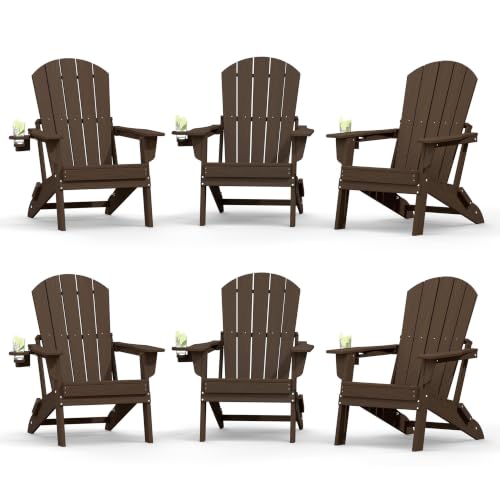 Plawdlik Folding Adirondack Chair Set of 6 with Cup Holder，Wooden Textured ，Heavy All-Weather HDPE Comfortable Set Poolside Backyard Lawn, Coffee